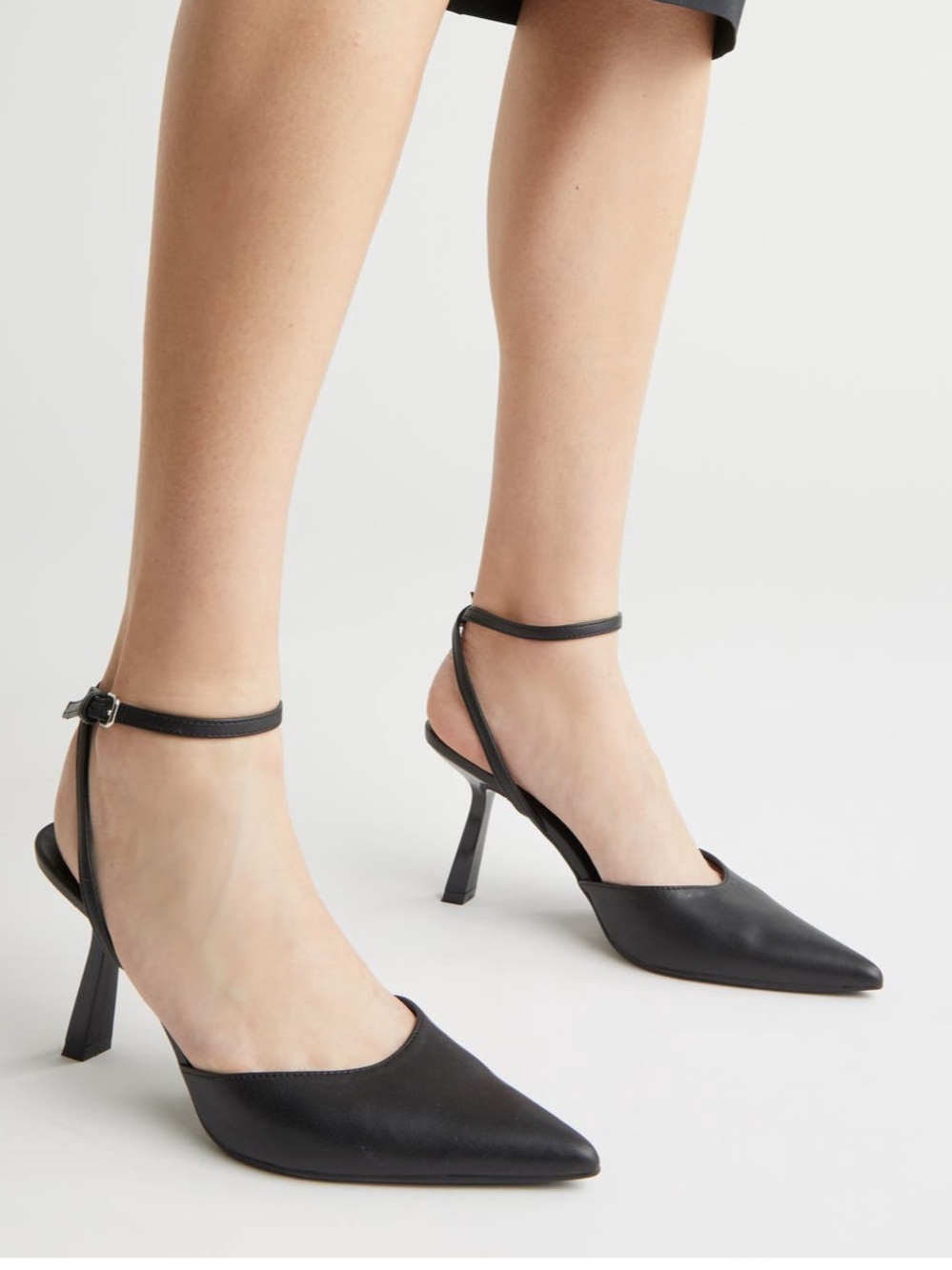 Sleek Black Pointed Ankle-Strap Heels